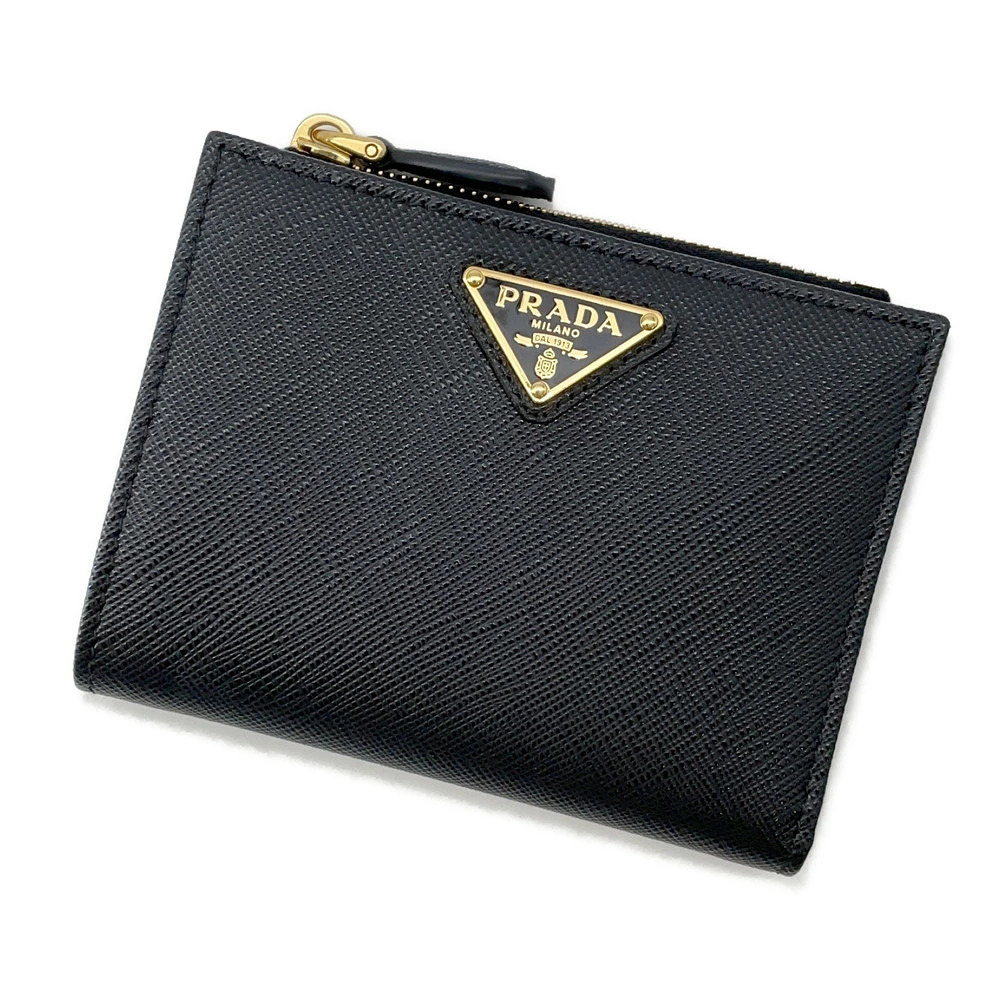 Prada Bi fold Wallet Triangle Compact Saffiano Leather Black